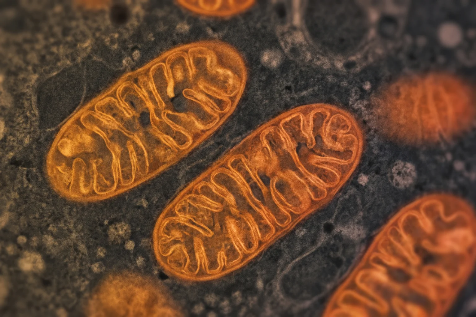 Mitocondri con creste interne in tonalità arancioni su sfondo scuro, immagine di microscopia